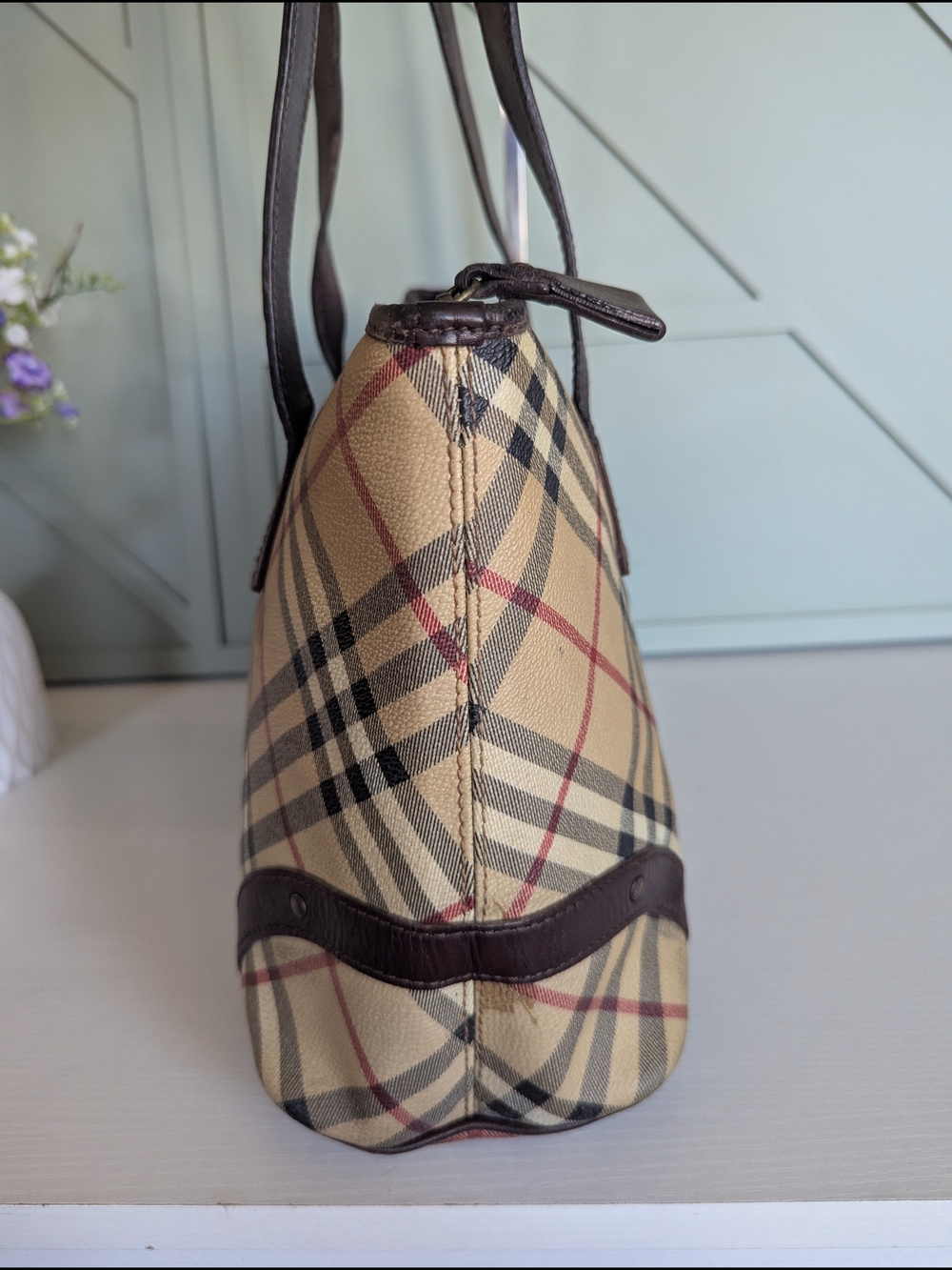 Burberry Beige Plaid Tote with Dark Brown Leather Trim - Picture 5 of 15